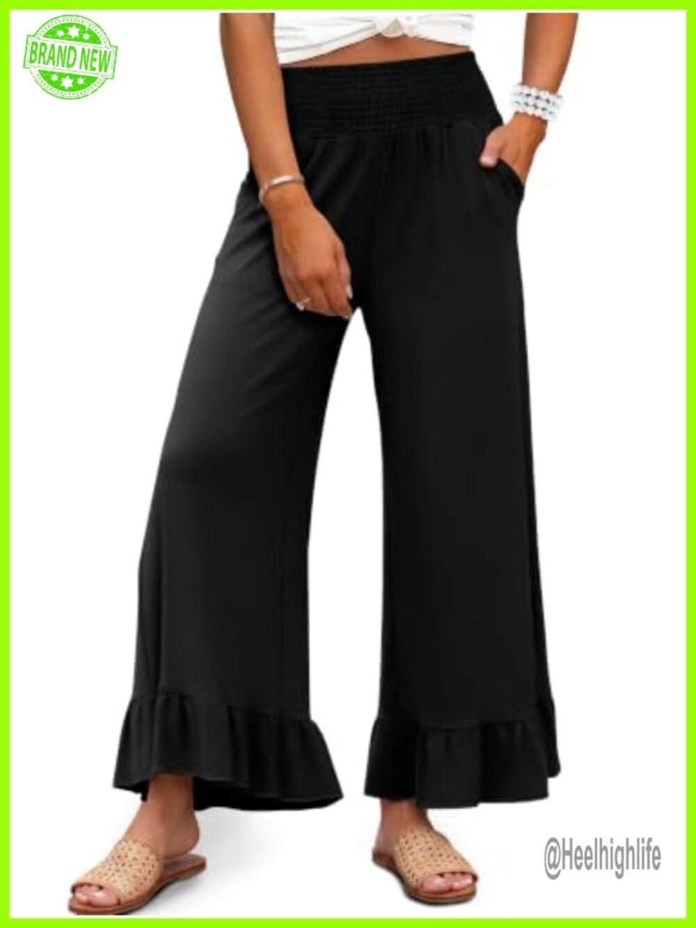 KISSMODA Womens Palazzo Ruffle Hem Wide Leg Pants with Pockets